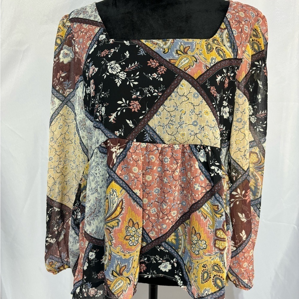 American Eagle Women's Square Neck Tunic Boho Patchwork Blouse Medium